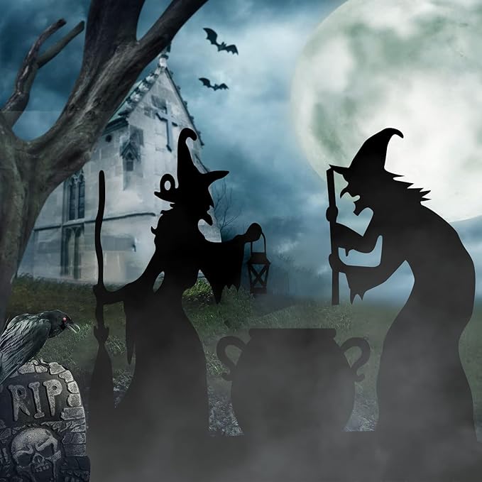 60”×26” Outdoor Halloween Witch Cutouts, Large Witch, Black Cat and Cauldron Set for Yard, Party, Home, Scary Halloween Lawn Stakes, Waterproof and Easy to Assemble