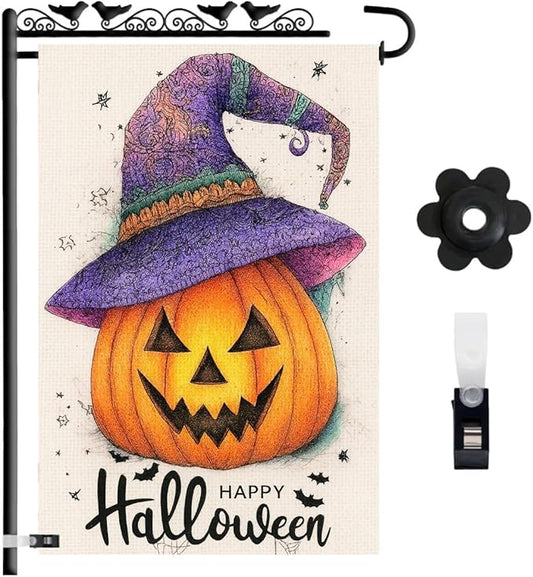 Happy Halloween Garden Flag 12x18 Inch – Pumpkin with Purple Hat, Double Sided Burlap Fall Yard Flag for Outside
