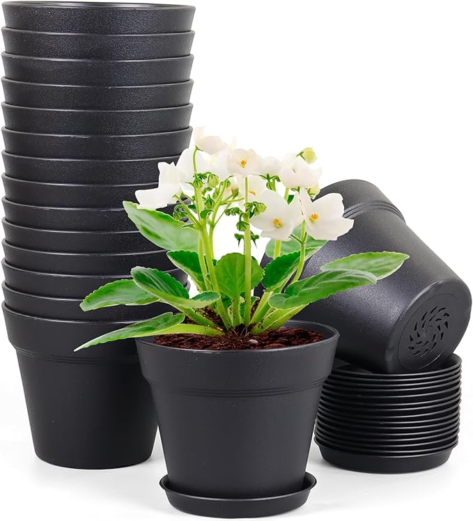 4 inch Small Plastic Nursery Pots, 16 Pack Plant Pots for Indoor Outdoor Plants, Flower Pots with Drainage Holes and Saucers, Decorative Seedling Starter Planters for House Plants, Black