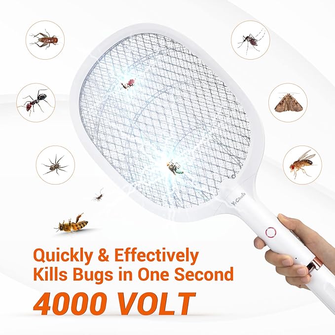 Electric Fly Swatter Racket, Rechargeable Fly Zapper - 4000 Volt, Exclusive 2-in-1 Bug Zapper Racket - USB Charging, 1800mAh Li-Battery, Indoor & Outdoor Use, White, 2 Packs