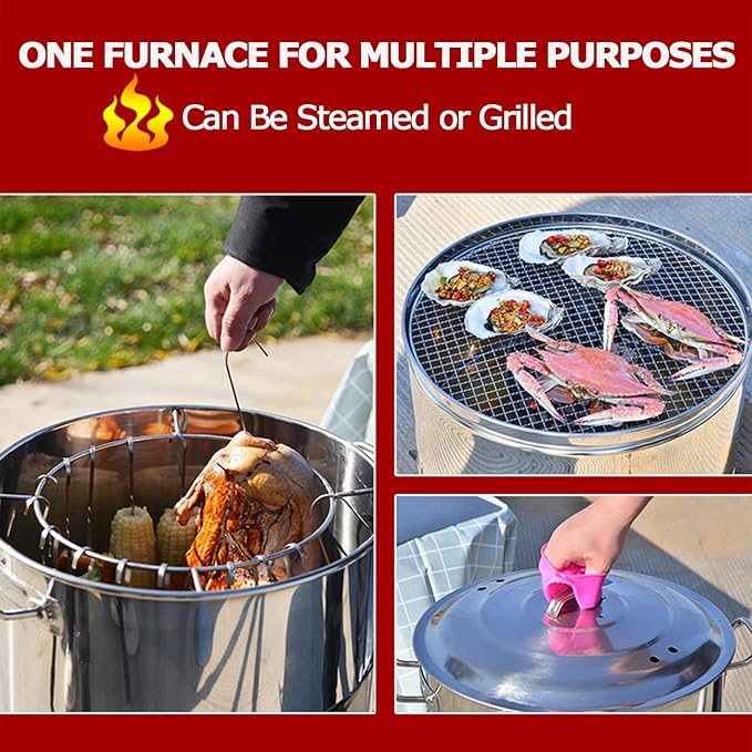 Large Portable Charcoal Grills, Stainless Charcoal BBQ Grill Barrel 360° Smokeless Outdoor Barbecue Grill for Travel, Outdoor Cooking and BBQ, Camping Grill Picnic Patio Backyard