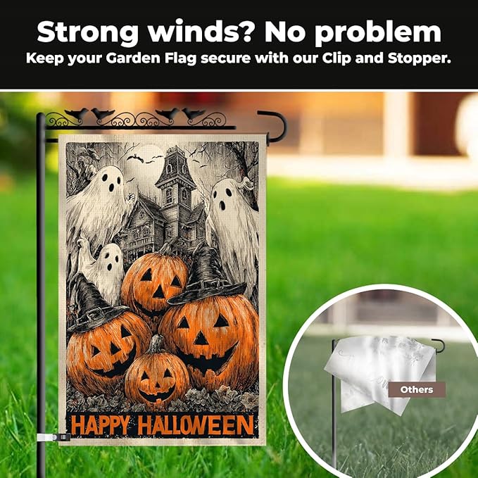 Halloween Garden Flag 12x18 Double Sided – Happy Halloween Flag for Outside, Spooky Ghosts, Pumpkins & Haunted House Yard Flag Decor for Fall Outdoor Display
