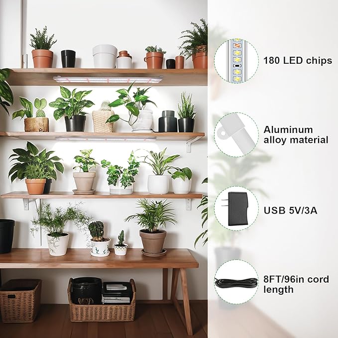 Wiaxulay Grow Lights for Indoor Plants, Full Spectrum 6000K LED Grow Light Strip Sunlike Growing Lamp with 6/12/16H Timer, 3 Switch Modes, 5 Dimmable Levels for Hydroponics Succulent Seedling, 2 Pack