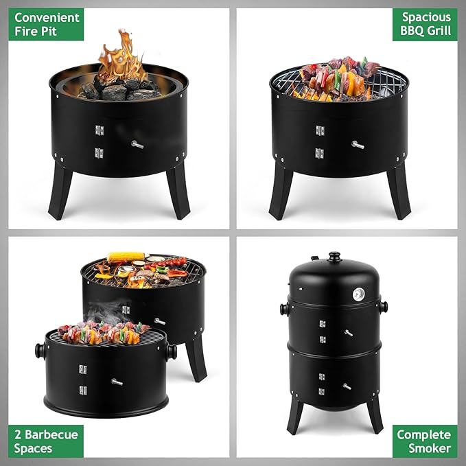 16 Inch Charcoal Smoker, 3-in-1 Meat Smoker Grill with Thermometer & Dual Cooking Racks Portable Outdoor BBQ Smoker with 2 Access Doors, Easy to Clean, for Backyard, Camping & Parties