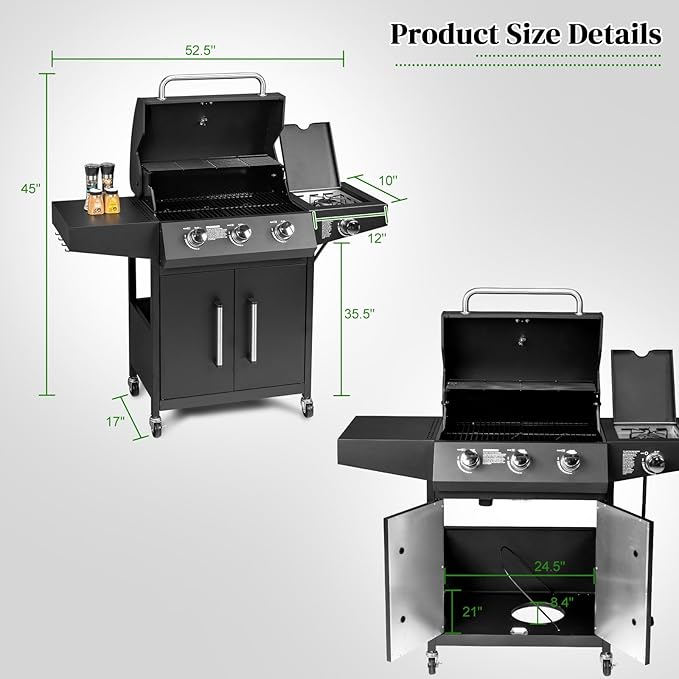 Bonnlo 3 Burner Propane Grills with Side Burner and Porcelain-Enameled Grates, 46000BTU Gas Grill with Side Shelf and Portable Rolling Wheels, Grill for Outdoor Cooking BBQ Patio Backyard