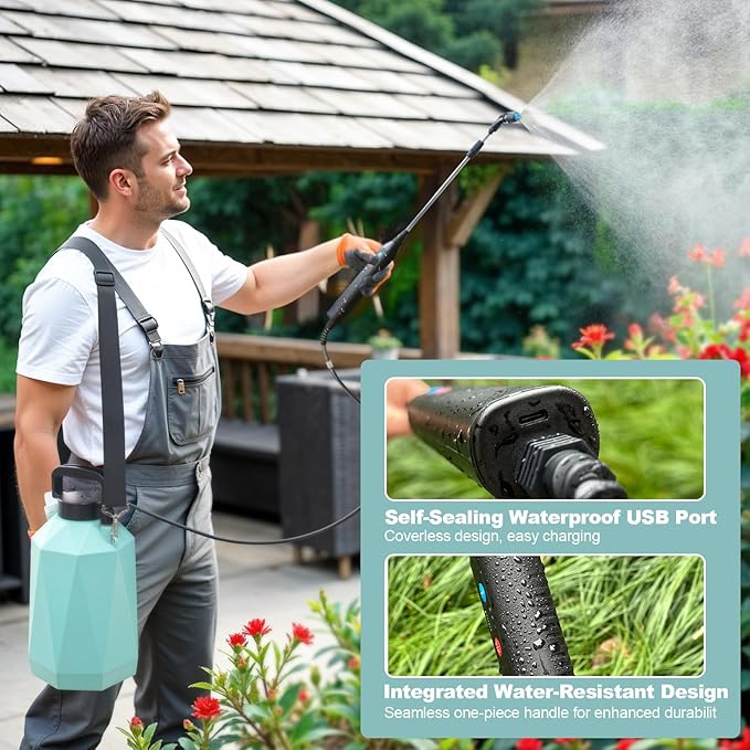 Battery Powered Sprayer 1.35Gallon/5L, 2025 Upgraded Electric Sprayer in Lawn and Garden with 3 Adjustable Force, Battery Indicator, Rechargeable Handle, Telescopic Wand,3 Mist Nozzles,Shoulder Strap