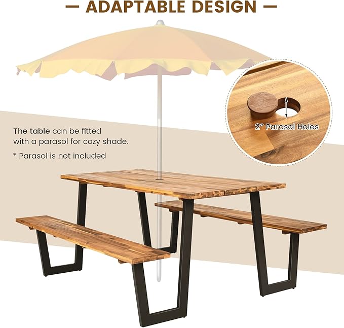 Tangkula Wooden Picnic Table, Outdoor Acacia Wood Picnic Table with 2 Built-in Benches, Umbrella Hole, Steel Frame, Outside Table and Bench Set for Garden, Backyard, Porch, Patio