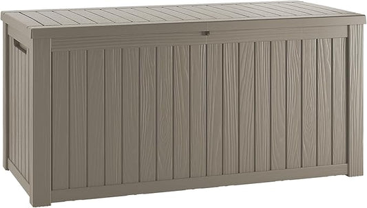 200 Gallon Coffee Resin Deck Box - Rustic Wood-Look, Waterproof & Lockable Outdoor Storage for Garden Tools, Patio Essentials - All-Weather Container for Farmhouse Decks, Backyards