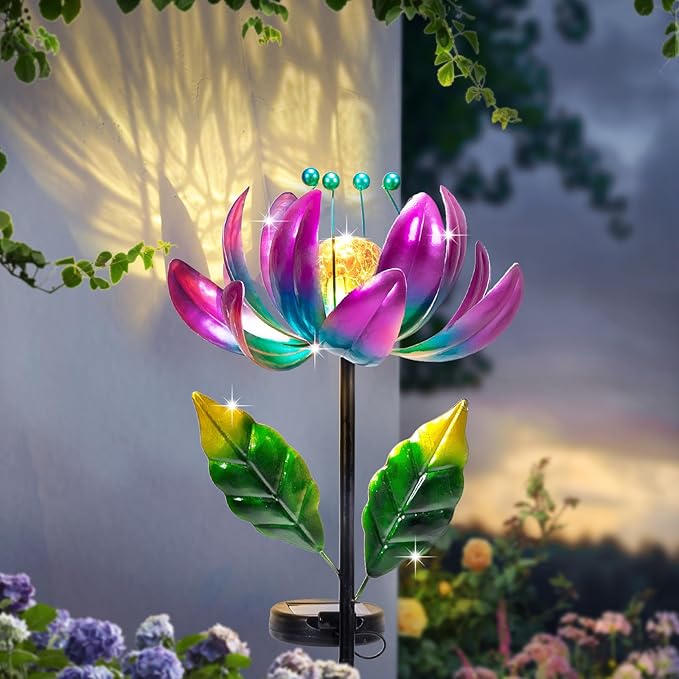 Solar Purple Metal Flower Wind Spinners, Colorful Spinning Windmill Lotus Yard Art Lights Wind Pinwheels with LED Crystal Ball Decorative Stake Lighting Flower Sculpture