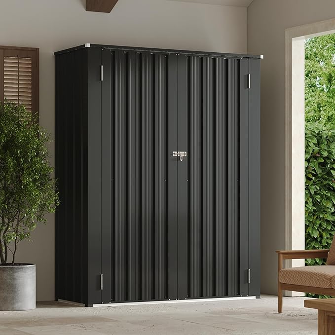 Aoxun 55x19 in Outdoor Storage Cabinet Metal Garden Shed with 2 Adjustable Shelves 3 Layer Indoor& Outdoor Waterproof Vertical Storage Shed for Patio Garden, Garage, Porch (Black, 40 Cu.Ft)