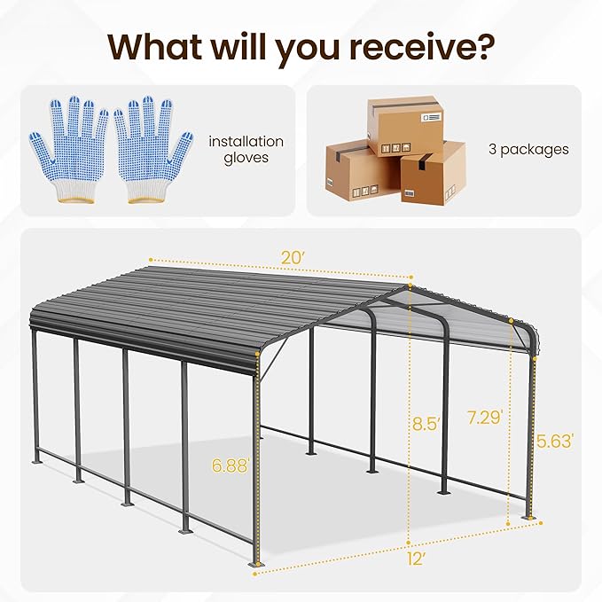 12x20FT Metal Carport, Heavy Duty Carport Canopy with Reinforced Frame and Base for All-Weather, Outdoor Garage Car Port for Pickup Trucks, Boats, Tractors or Party