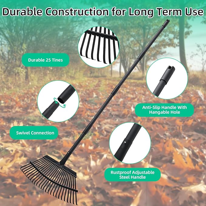Rake for Leaves Heavy Duty Metal Garden Tools with 64.1 Inch Adjustable Steel Handle 25 Tines Leaf Rakes for Lawns Flower Bed Shrub Camping, Black