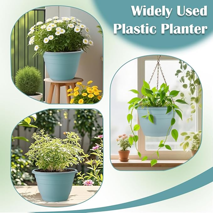 3 Pack 11 Inch Plant Pots with Drainage Hole and Plug, Durable Plastic Flower Pots for Indoor & Outdoor Plants, Elegant Mordern Plant Pots Perfect for Herbs, Flowers & Succulents, Blue