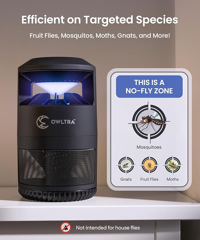 IMT-L60 Indoor Electric Insect Trap, Catcher & Killer Lamp for Fruit Flies, Mosquitos, Moths, Gnats, and More with UV Light Attraction and Fan Suction, Black