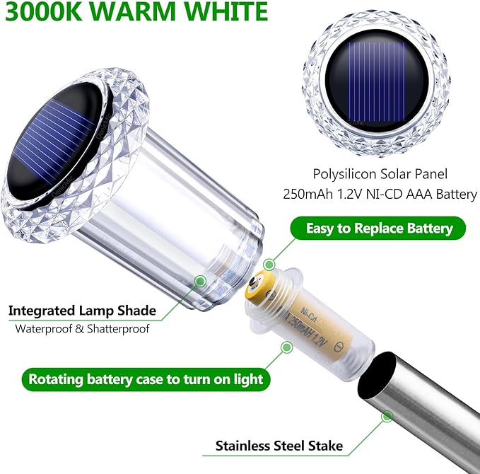 DenicMic Solar Lights Outdoor 15 Pack Waterproof 3000K Warm White LED Acrylic lamp Head Stainless Steel Stake for Landscape Lighting Path Walkway Sidewalk Backyard Patio Decor