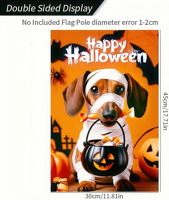 Halloween Decorations Outdoor Garden Flag 12x18 Inch Double Sided Dachshund Dog Pumpkin Ghost Skeleton Fall Decor Yard Lawn Porch Patio Banner Halloween Garden Flags
