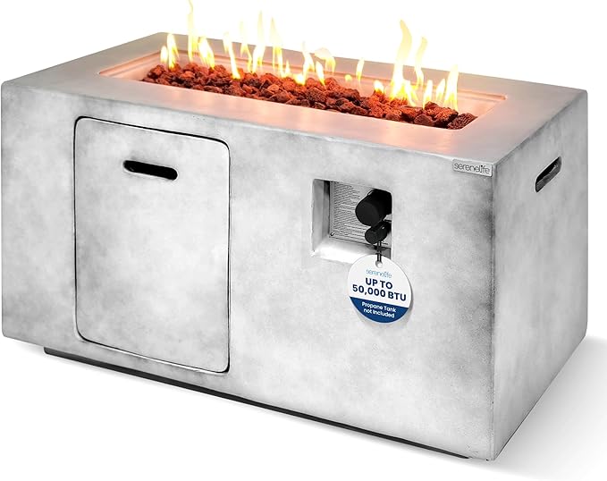 SereneLife Fire Pit Table 50,000 BTU Propane Gas Fire Pit with Adjustable Flame, Stainless Steel Burner, Weather-Resistant Build, Easy Propane Tank Access, and Elegant Lava Rocks for Patio or Backyard