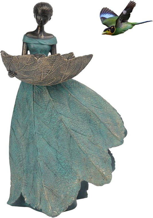 DiliComing Fairy Garden Statue Bird Feeder - 12 Inch Fairy Statue for Home Decoration, Resin Outdoor Statues for Garden Decoration, Best Bird Feeder Garden Gift for Women (Green)