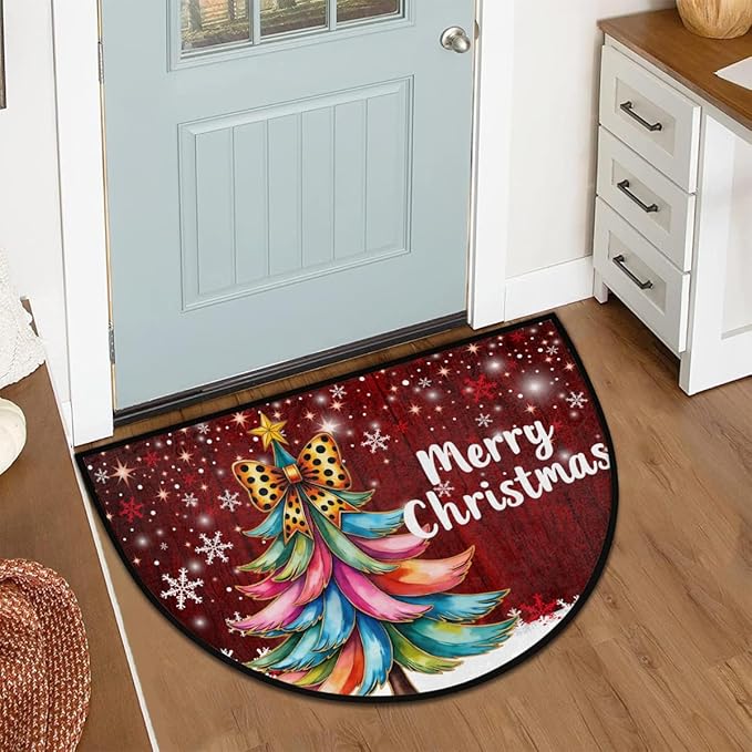 Christmas Half Round Door Mat, Merry Christmas Tree Snowflakes Semicircle Door Mats, Non Slip Area Rug Soft Doormat for Indoor Entrance Wear Resistant Welcome Mat for Garage Patio Home 24 x 36 In
