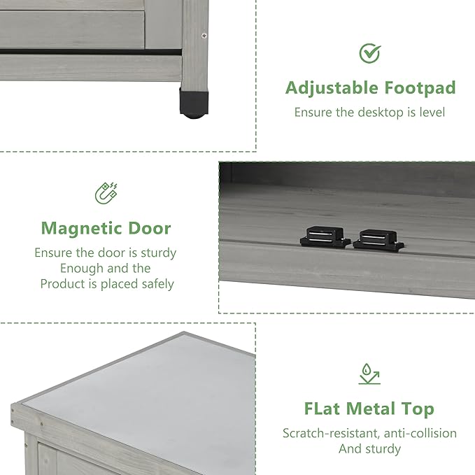 Potting Bench with Storage Cabinet and Metal Table Top for Outdoor Patio, Garden Furniture Wood Workstation (Accent Grey, 31x17x36)