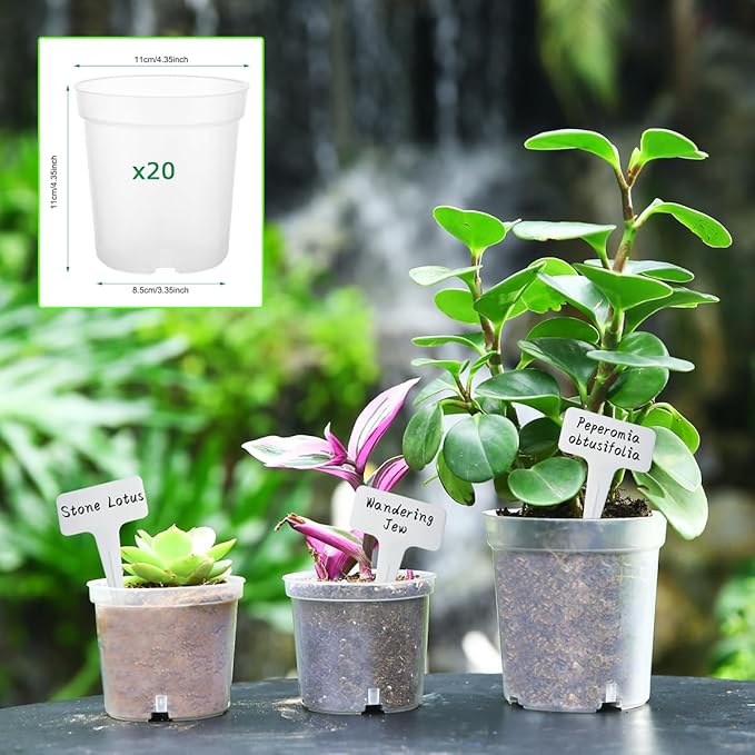 4.3 Inch Clear Nursery Pots for Plants, Transparent Plastic Plant Pots with Drain Holes, Seed Starter Pots with 20 Plant Labels for Flowers Vegetable Seedlings 20 Packs