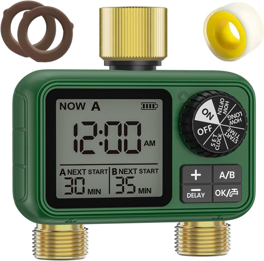 2 Outlet Sprinkler Timer Brass, XinFuture Programmable Water Sprinkler Controller for Yard, Lawn & Greenhouse, Automatic/Manual/Rain Delay Mode, Compatible with Drip Irrigation Systems