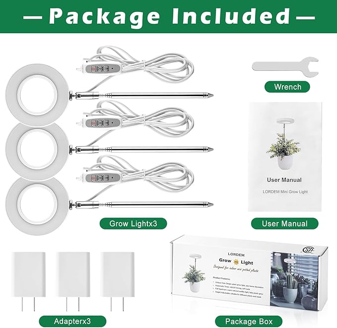 LORDEM Grow Light, Full Spectrum LED Plant Light for Indoor Plants, Height Adjustable Growing Lamp with Auto On/Off Timer 4/8/12H, 4 Dimmable Brightness, Ideal Small Pack of 3, Warm White