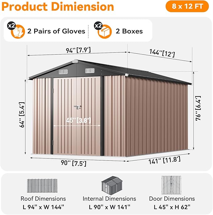 8x12FT Outdoor Storage Shed, Metal Garden Shed with Lockable Double Doors & Sloping Roof, Weather-Resistant Tool Shed for Backyard, Patio, Poolside Brown