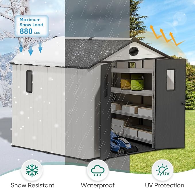 8x6 Resin Outdoor Storage Shed with Floor, Plastic Tool Shed for Gardening, Patio, and Deck, White/Gray