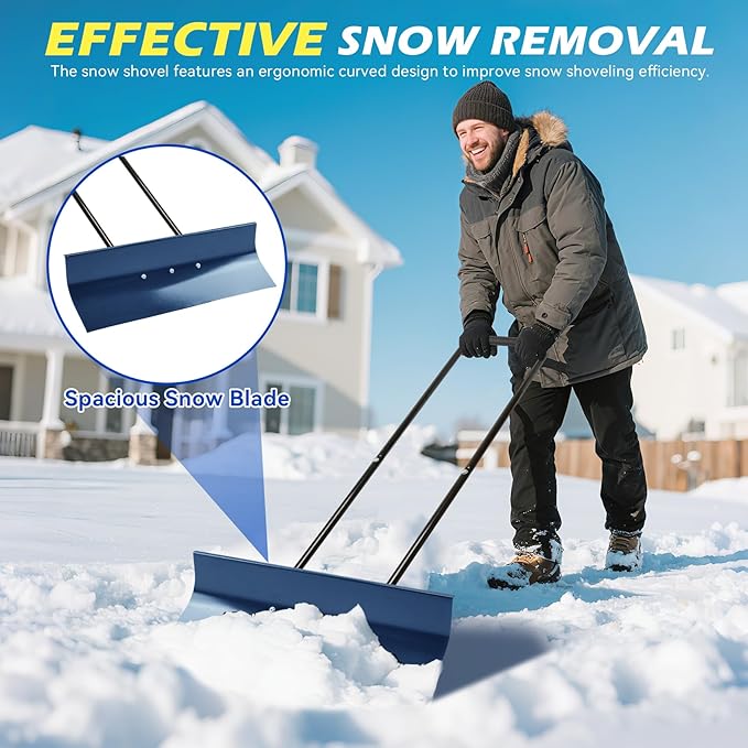 Heavy-Duty Snow Pusher Shovel,Snow Plow with Wheels,Angled Blade&Ergonomic Handle,Back-Saving Design for Efficient clearing for Drives & Paths(Blue)