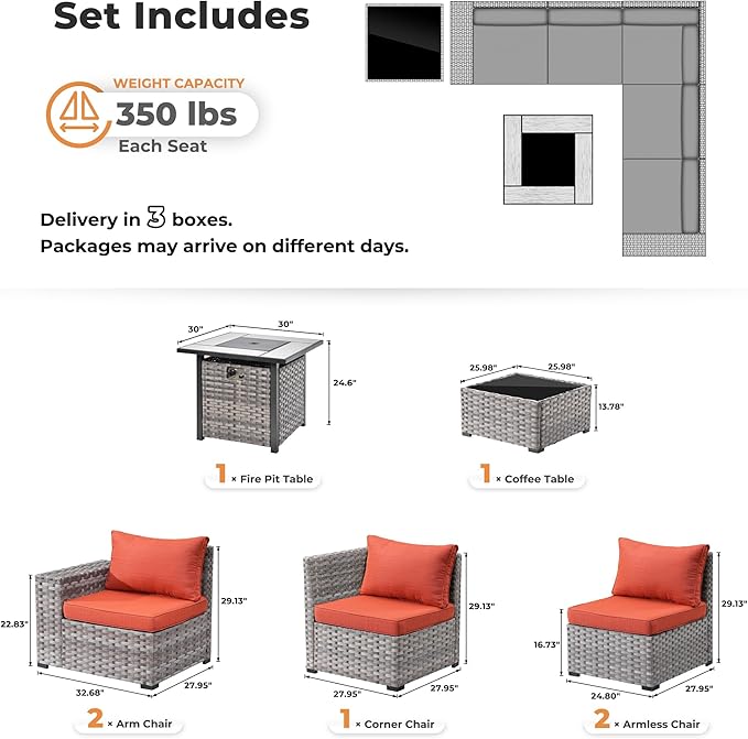 ovios 7 Pieces Patio Furniture Set, Outdoor Wicker Sectional Sofa with 30 Inch Fire Pit Table Comfy Cushions, Modern Modular Deep Seat Rattan Couch Conversation Set, Orange Red