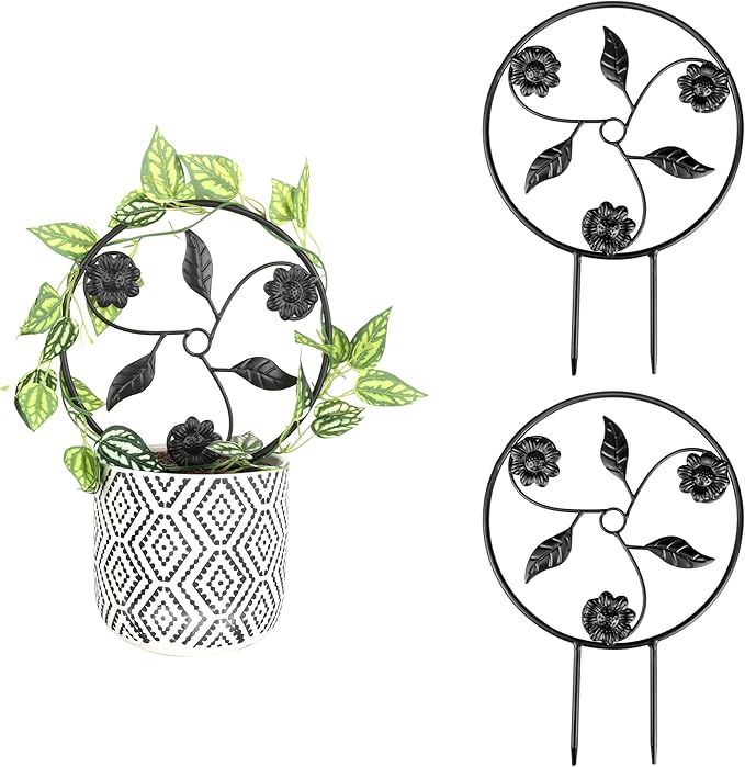 2 Pcs 14in Indoor Metal Garden Circle Plant Trellis for Houseplant Climbing Pot Plants, Black (Style E)