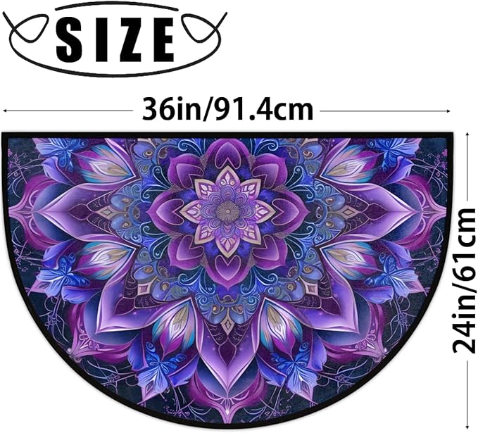 cfpolar Beautiful Mandala Blue Flowers Half Round Semicircle Mat, Non Slip Soft Area Rug for Front Door Indoor Entrance Wear Resistant Welcome Mat for Garage Patio Home Decor 24 x 36 in