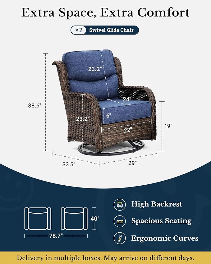 HILLGA Luxury Patio Furniture Set with 6-inch Thick Cushion, Outdoor High Back Swivel Rocker Patio Chairs, 2PCS Wicker Conversation Set for Deck Yard and Poolside, Blue (V2)
