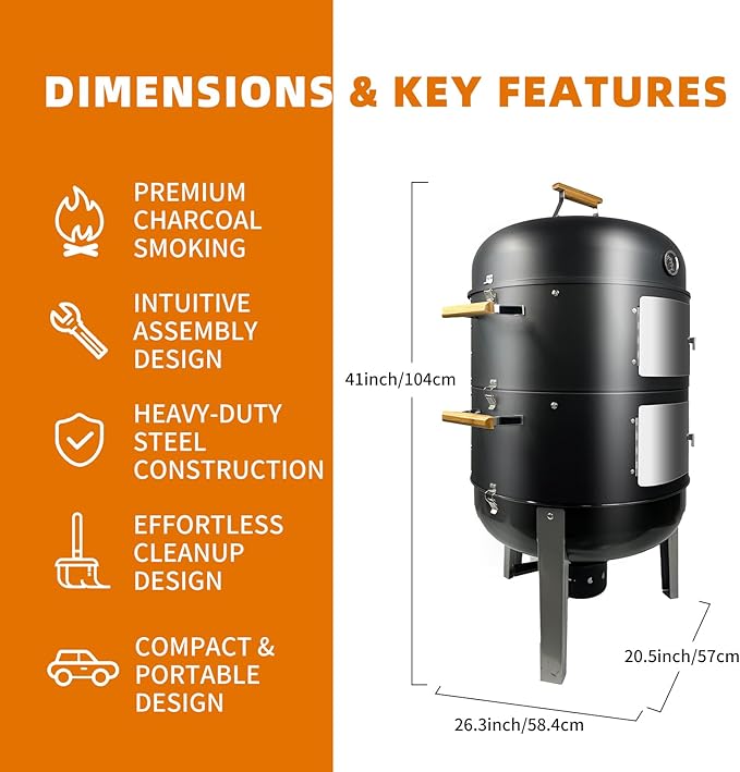 Realcook Vertical Charcoal Smoker Grills: Premium 20.5 Inch BBQ Meat Smokers - Barbecue Charcoal Grill Smoker Combo for Outdoor Cooking Patio Backyard Picnic Party Grilling