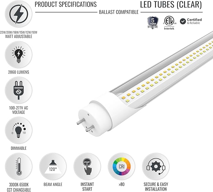 LEDMyplace 4FT LED T8 Ballast Bypass Type A+B Light Tube, 22W, 2860lm, Single/Double End Powered, ETL Listed, Replacement, T8 Bulbs 4 Foot 5000K, Clear, 3000K-6500K Selectable Lighting, 4 Pack
