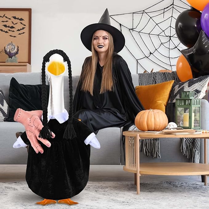 Teemico Halloween Porch Goose Outfits Lawn Goose Clothes Fits 23" Cement Plastic Goose Statue Black Dress Fake Hand Braid Wig for Halloween Outdoor Garden Yard Patio Decor