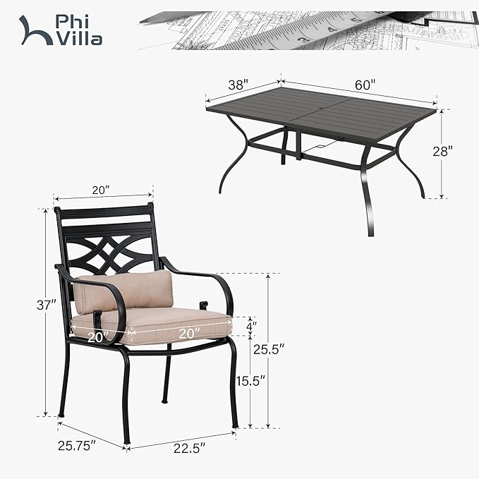 PHI VILLA 7 Pcs Patio Dining Set,Outdoor Table Chair Set for 6 with Outdoor Chairs and Metal Frame Steel Rectangular Table,Outdoor Dining Furniture with Cushion and Pillow for Garden Lawn Deck