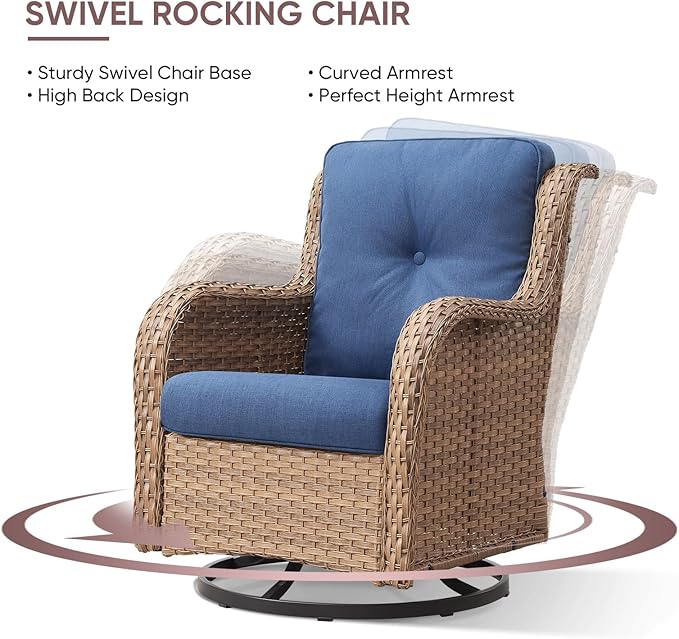 4 Piece Patio Furniture-All-Weather PE Wicker Outdoor Patio Furniture with Swivel Rocker Chairs,Outdoor Couch, Set with Coffee Table-Yellow/Blue