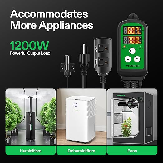 VIVOSUN Humidity Controller, 1200W Dual-Stage Outlet, Pre-Wired Digital Humidistat with Dual LED Displays for Humidifier/Dehumidifier/Fan, Ideal for Greenhouse, Grow Tent, Home-Brewing, Mushroom