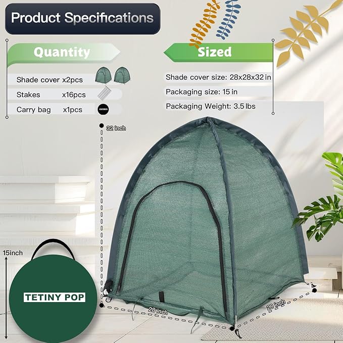 2pack Pop up Plant Sunshade Cloth,Plant Sun Shade Net for Flower UV Resistant Pest Guard Cover for Outdoor Gardens Sunblock Shade Cover with Carry Bag and 16 Stakes (Green)