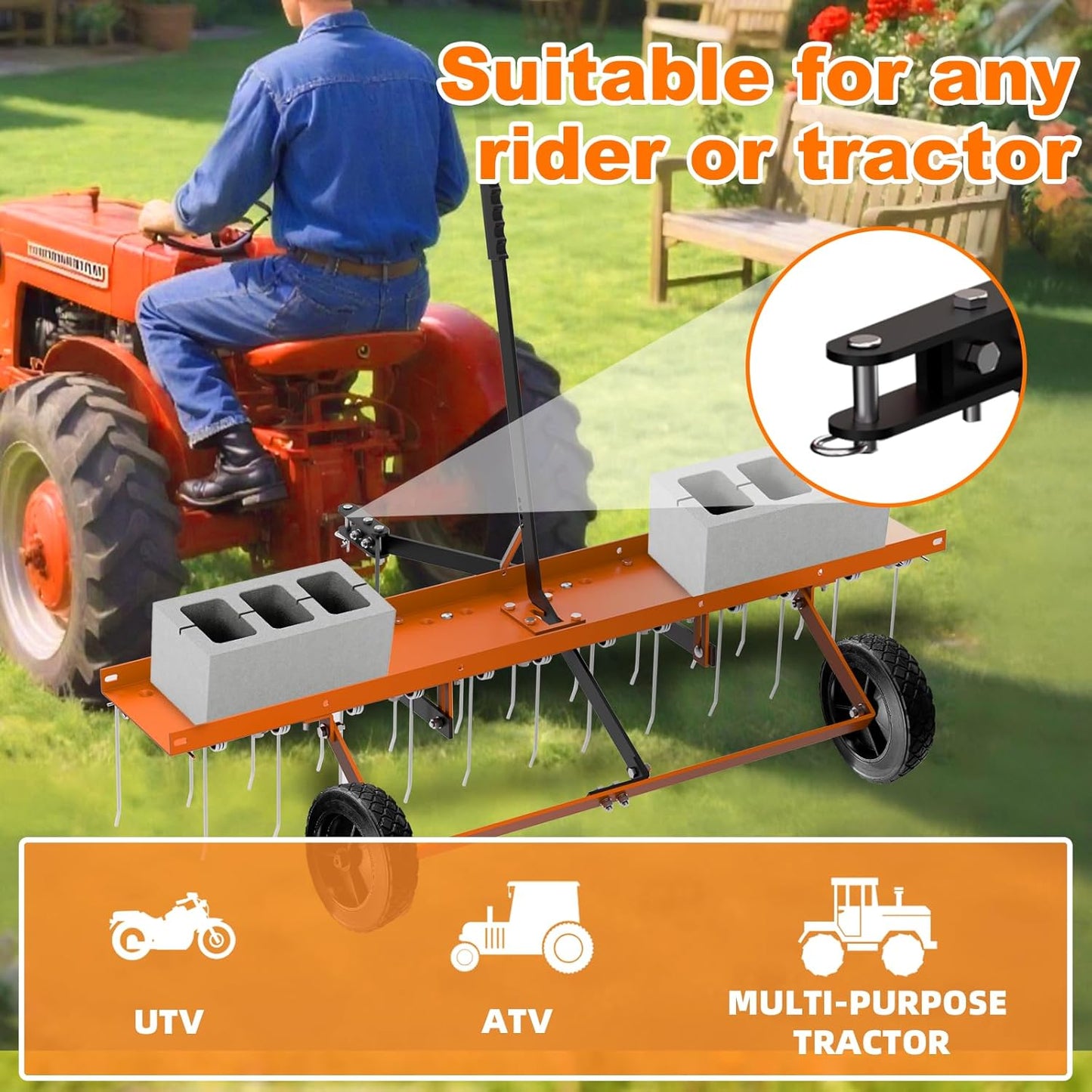 48inch Tow Behind Dethatcher with 24 Spring Steel Tines, Lawn Tractor Rakes with Lift Handle, Tow Behind Rake to Remove Thatch, Riding Lawn Mower Attachments for Outdoor Yard Tools Lawn Care