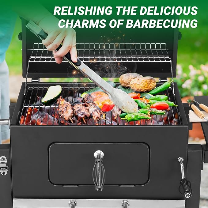 ROVSUN Charcoal Grill with Side Tables, Large Cooking Area, Individual Lifting Charcoal Trays, Pull-Out Ash Tray, BBQ Grill for Outdoor, Picnic, Backyard, Parties