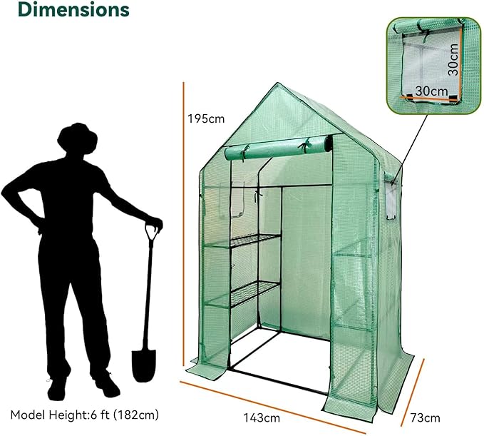 Walk in Greenhouse with Shelves,Walk-in Plant Plastic Green House with Windows Green PE Cover, 3 Tiers 6 Shelves Greenhouse Frame Stands with Ground Pegs & Ropes,56" L x 29" W x 77" H