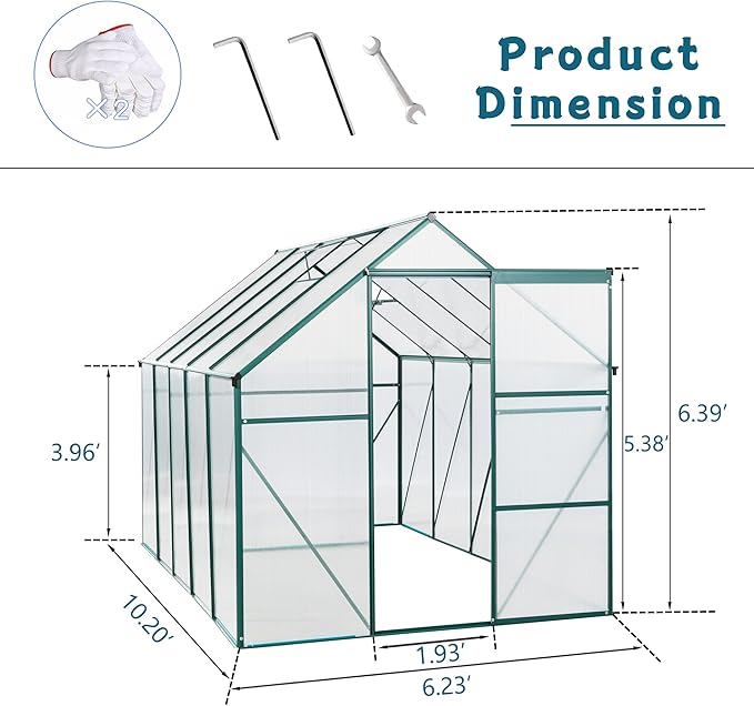 6X10 FT All Season Heavy Duty Walk-in Greenhouses, Outdoor Polycarbonate Plants Green House for Backyard Garden, Sliding Door Raised Base Anchor Aluminum, Green