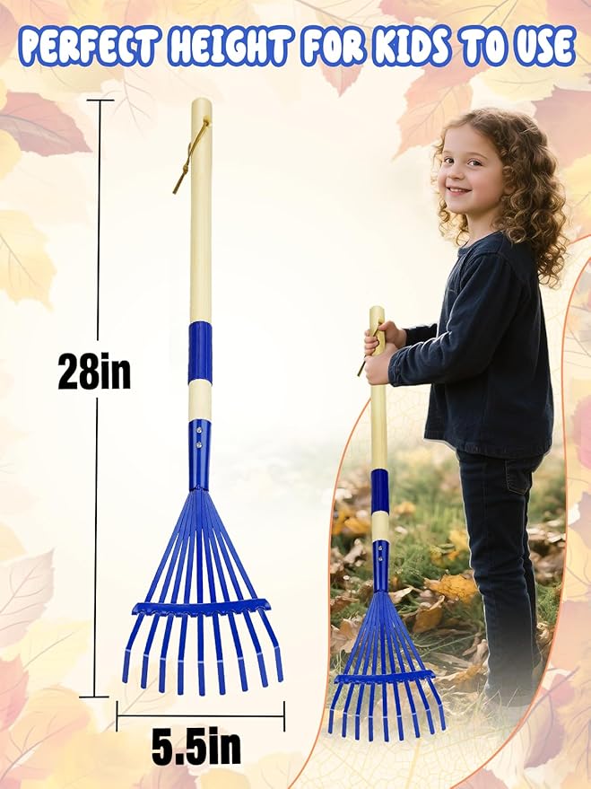 Kids Friendly Rakes for Leaves - 28" Child Size Small Rake with Durable Metal Head & Hardwood Handle, Real Lawn Garden Yard Tools for 3+ Years Kids Enjoy Helping Work Gifts (Blue)