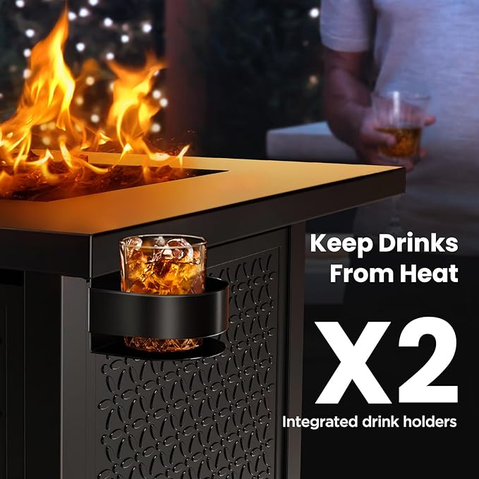 Ciays Propane Fire Pit, 28 inch Fire Pit Table with Two Cup Holders, 50,000 BTU Steel Gas Fire Pit with Pulse Ignition System, Perfect for Patio, Garden & Backyard Gatherings, CIFPT11B, Black