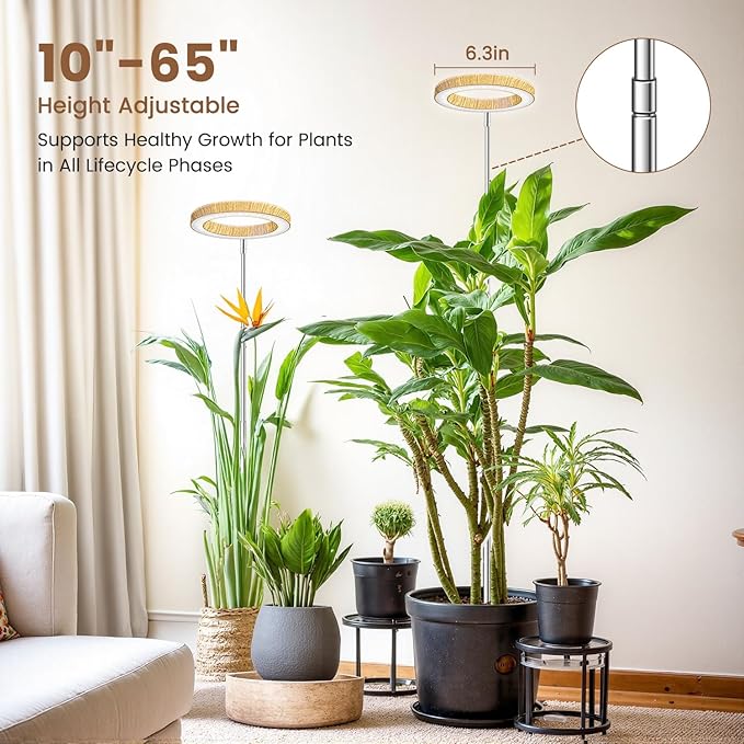 Grow Lights for Indoor Plants, Full Spectrum Plant Lights for Indoor Growing with 6/12/16H Timer, 3 Optional Spectrums, 5 Brightness, Height Adjustable 10"-65" Faux Wood Grain Growing Lamp