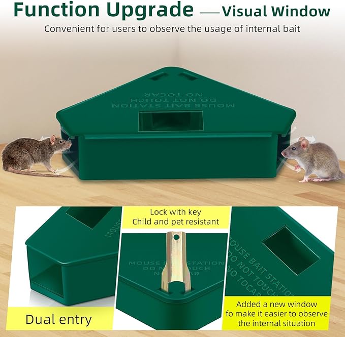 Upgraded Mouse Bait Station with Keys & Visible Window Indoor Outdoor for Rats Mice Rodents, Reusable Mouse Poisoning Bait Blocks Trap, Friendly for Children & Pets(8Pack) (Green 2)