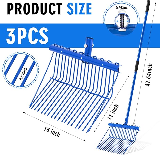 Lasnten 3 Sets Metal Manure Fork with Long Metal Handle Pitch Fork Manure Rake Heavy Duty Muck Rake for Gardening Horse Stall Stable Grass Hay Cleaning Farm Work (Blue)